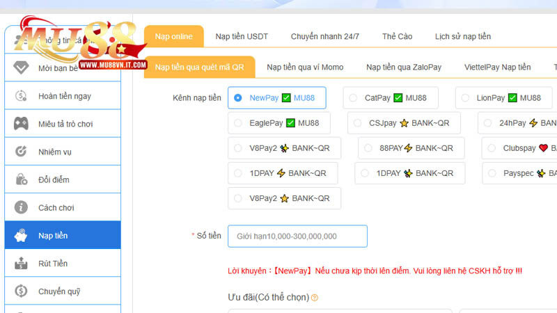 Các bước nạp tiền Mu88 cụ thể cho tân binh